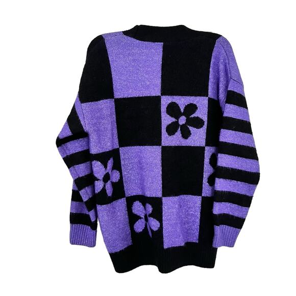 Zara Purple Black Checkered Flower Jacquard Knit Oversized Cardigan Sweater S - Picture 5 of 9
